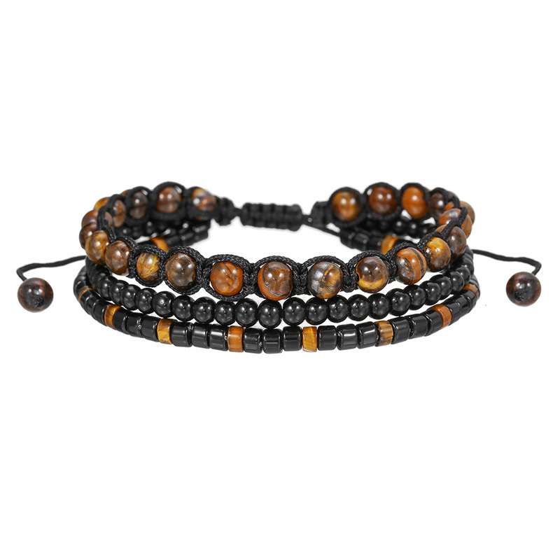 European and American new tiger eye black agate natural stone beaded men's bracelet woven adjustable multi-layer bracelet does not fade