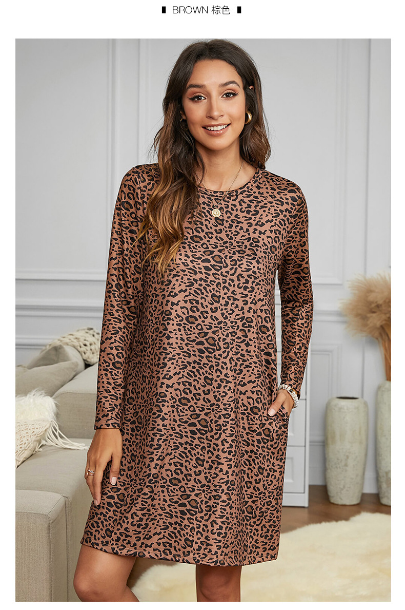 leopard print three-quarter sleeves round neck short dress NSMAN51394