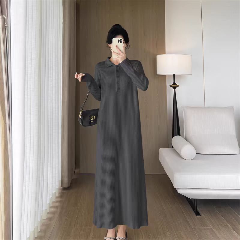 Light Luxury Style Niche Minimalist Ultra-Long Plus-Size Corduroy Dress for Women, New Spring Model, Loose Fit, Slimming Long Dress