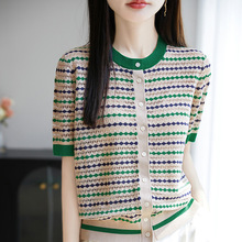 2025年夏季新款天丝莱赛尔圆领针织开衫短袖女撞色镂空款上衣外套