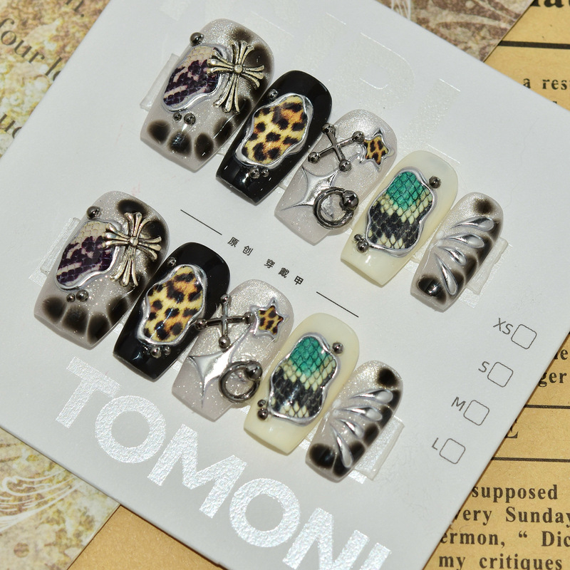 Purely handmade punk-style sweet and cool French leather texture manicure, dark series, European and American high-end removable press-on nails