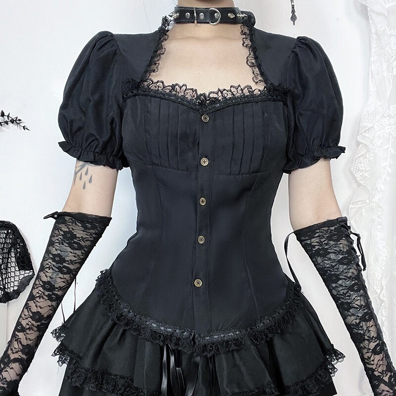 Cf24123 Subculture Gothic Square-Neck Lace-Trimmed Pleated Button-Up Puff Short-Sleeve Slim-Fit Shirt for Women Cf24123 Subculture Gothic Square-Neck Lace-Trimmed Pleated Button-Up Puff Short-Sleeve Slim-Fit Shirt for Women