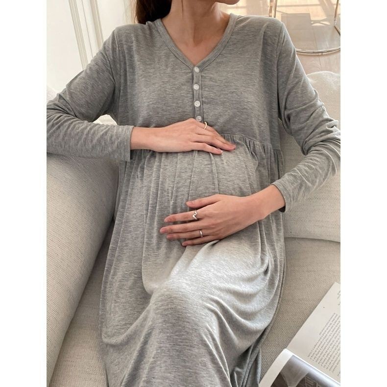 [No bra] Korean version of maternity dress spring and autumn pregnancy casual loose long sleeve breast-feeding skirt