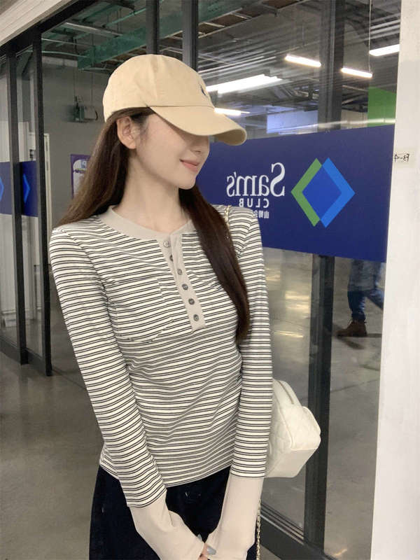 韩系小众条纹假两件亨利领长袖t恤女秋季修身显瘦内搭打底衫上衣|undefined