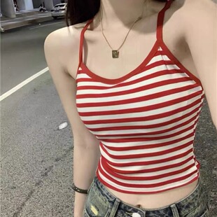 1189# New pure cotton striped cross back strap hot girl slim slimming sexy top with chest pad