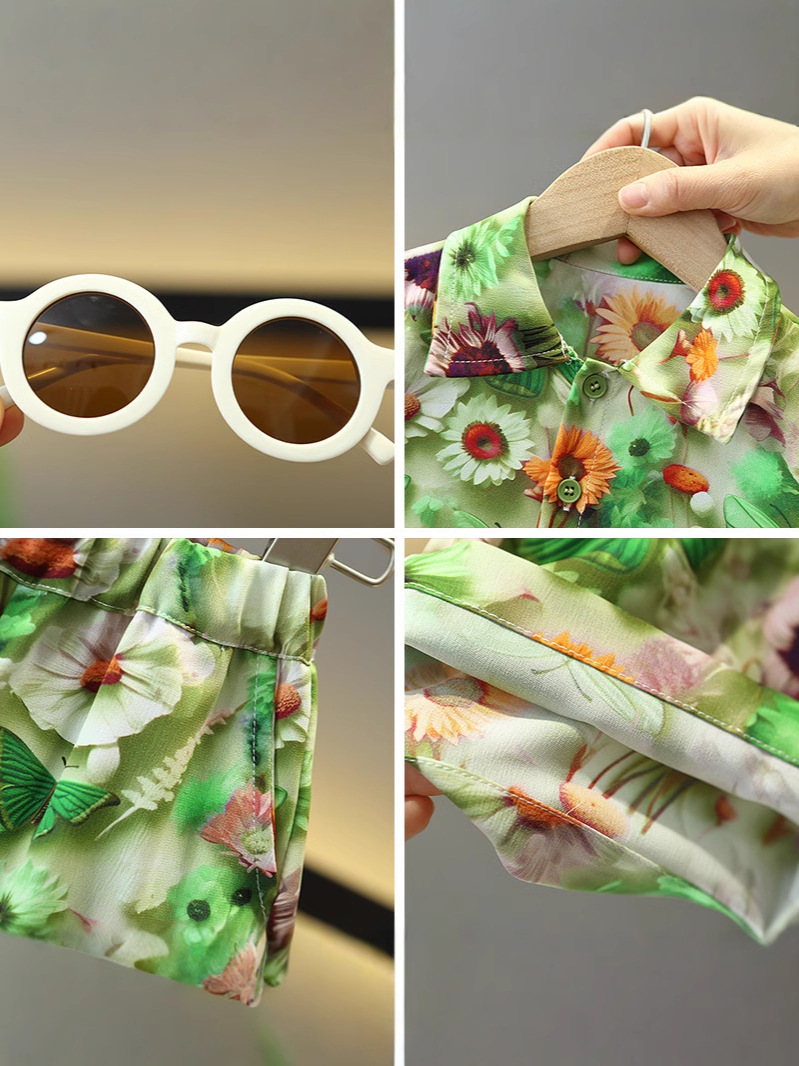 7874 traje de manga corta de verano para niños 2025 nueva camisa para niños de dos piezas ropa de vacaciones de verano para bebés de moda image 5