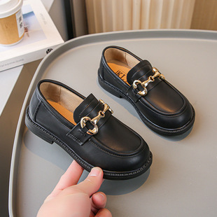 Girls' Leather Shoes 2024 Spring and Autumn New British Children's Princess Shoes Baby Non-Slip Performance Shoes Black Soft Sole Shoes