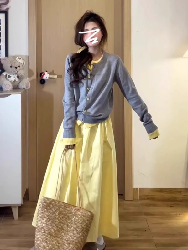 法式灰色假两件针织衫女开衫2025秋季新款毛衣外套高级感秋冬上衣|undefined