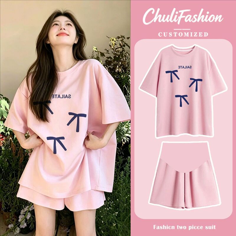 Maternity Outfit Set: Short-Sleeve Pink T-Shirt, Summer Dopamine High-End Style, Elegant Belly-Support Shorts and Top Two-Piece Set Maternity Outfit Set: Short-Sleeve Pink T-Shirt, Summer Dopamine High-End Style, Elegant Belly-Support Shorts and Top Two-Piece Set