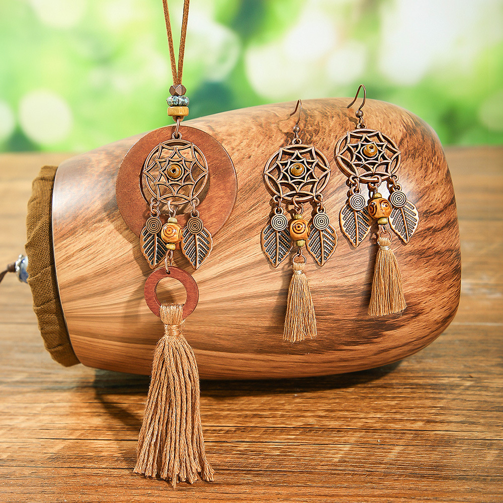 Bohemia Dream Catcher borla pendientes collar de madera estilo étnico largo borla colgante accesorios suéter cadena