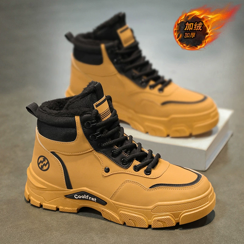 Зимние бархатные ботинки для мужчин 2025 года, британский стиль, высокие рабочие ботинки, мужские утепленные теплые хлопковые ботинки, модная обувь