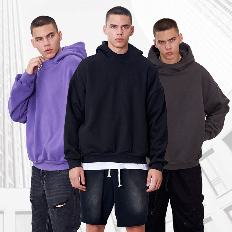 Autumn and Winter New Heavyweight Short Wide Trendy Brand Hoodie High Quality Loose Pure Color Velvet Off-Shoulder Men's Pullover Sweatshirt