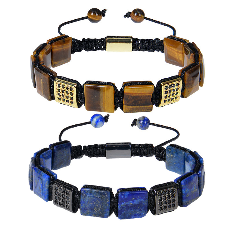 Cross-border fashion 10x 10mm square tiger eye woven bracelet copper micro-inlaid zircon natural lapis lazuli bracelet for women