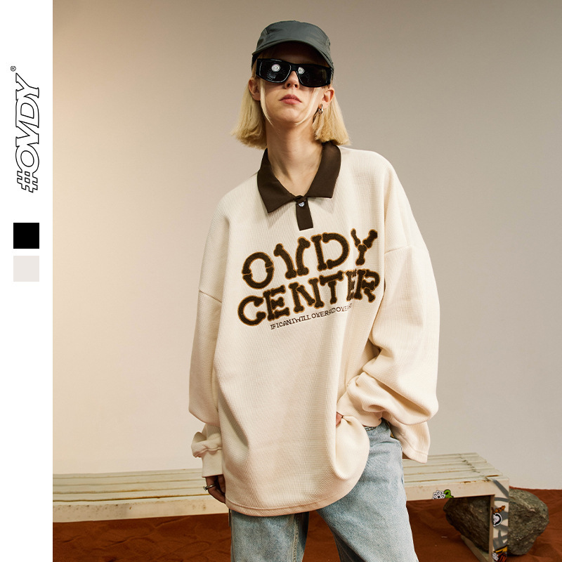 # Ovdy Polo Lapel Sweatshirt with Towel Embroidery, Color-Block 480g Waffle Fleece Heavyweight Outerwear
