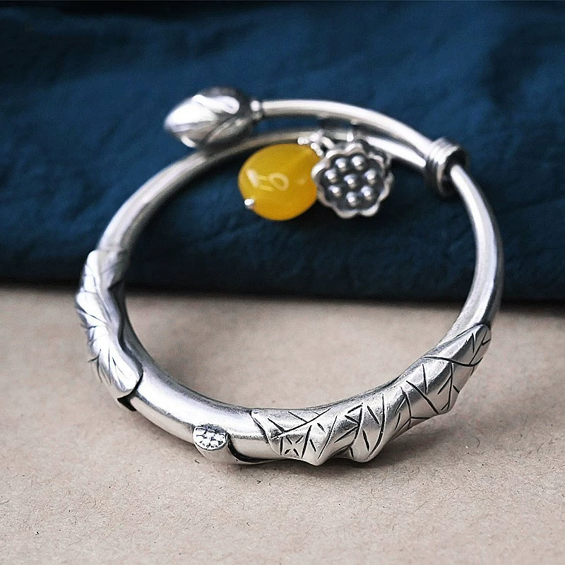 Серебряный браслет с лотосом состаренное серебро