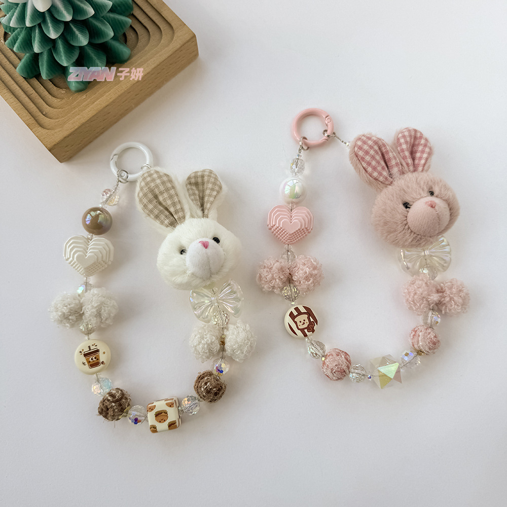 Cute cartoon rabbit plush beaded mobile phone chain hanging jewelry girl heart girlfriends bag pendant blind box keychain