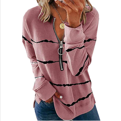 2024 Autumn/Winter Amazon Autumn Striped Zipper V-Neck Long-Sleeve Plus Size Loose Women's T-Shirt Hoodie Western Style