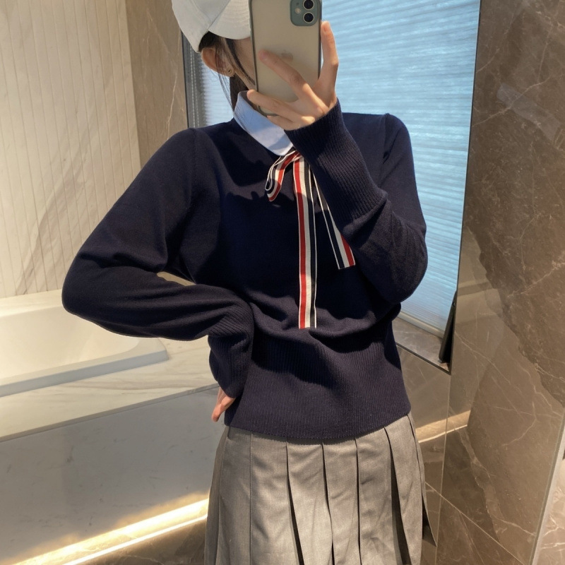 2025秋冬新款百搭修身三色蝴蝶結系帶毛衣女長袖襯衣領針織衫