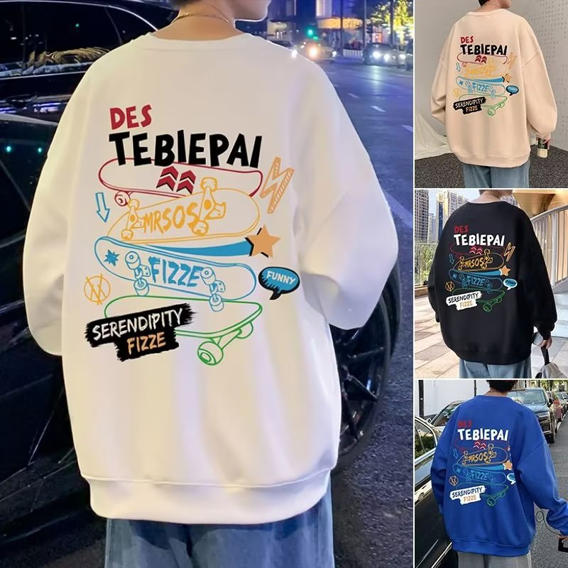 스웨터 남자의 봄과 가을 얇은 스케이트 보드 인쇄 후드리스 재킷 트렌디 브랜드 느슨한 라운드 넥 베이스 셔츠 풀오버 탑 의류