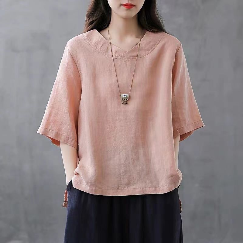 Casual Large Size Simple Cotton and Linen Half Sleeve T-shirt Women's 2023 Summer New Loose Slimming Irregular Split Top