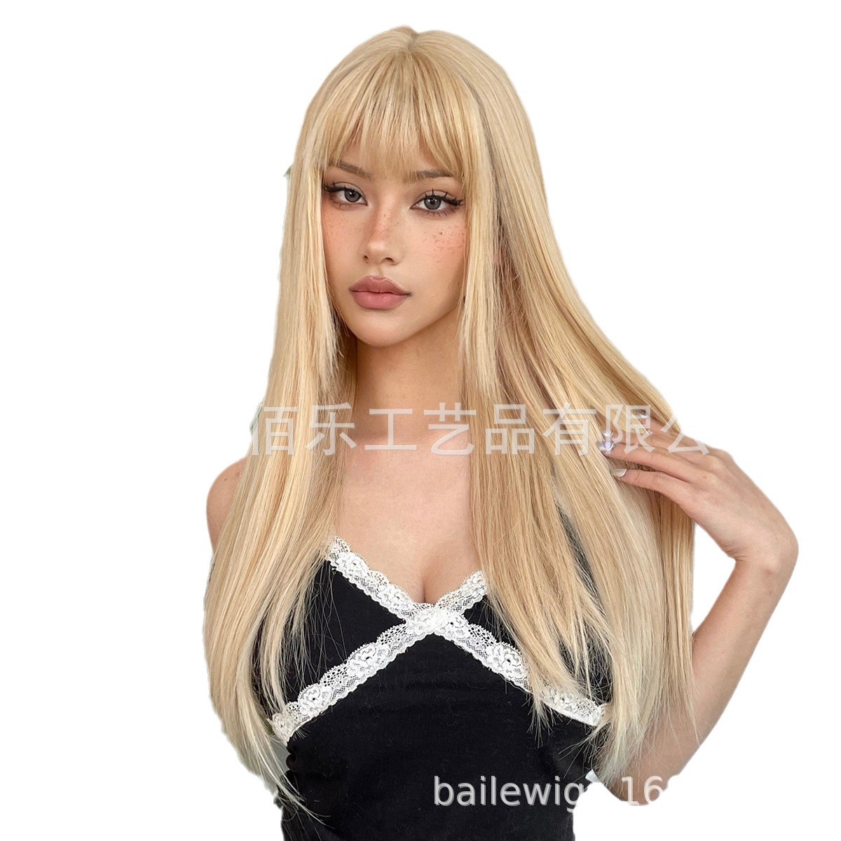 Pelucas de estilo europeo y americano, cabello largo y liso dorado con flequillo, peluca completa de fibra de alta temperatura, fabricante, venta al por mayor transfronteriza
