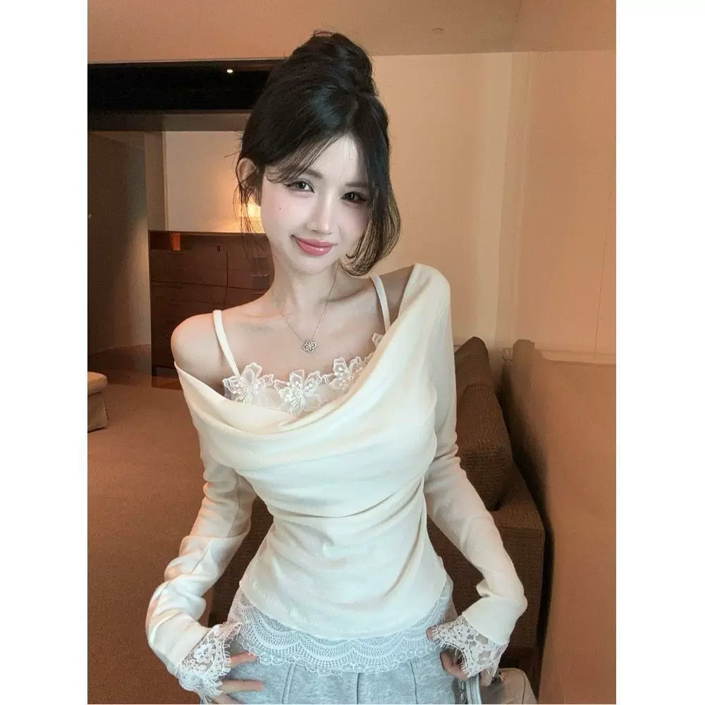 纯棉假两件一字肩T恤女春秋蕾丝花边内搭打底衫辣妹纯欲短款上衣