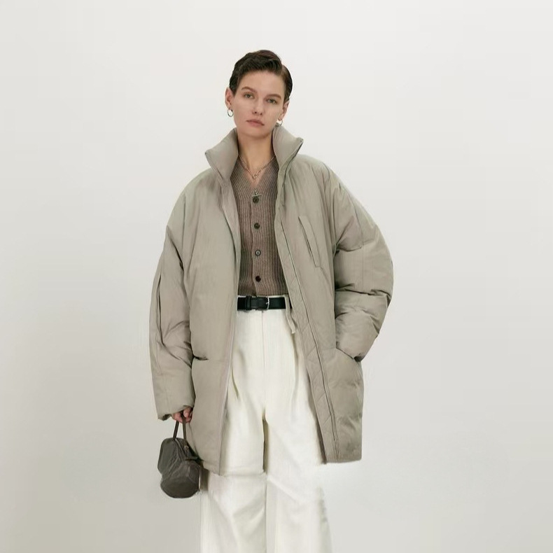 彧言 日系简约微皱三星绒90白鹅绒温暖轻盈蝙蝠袖中长款羽绒服女