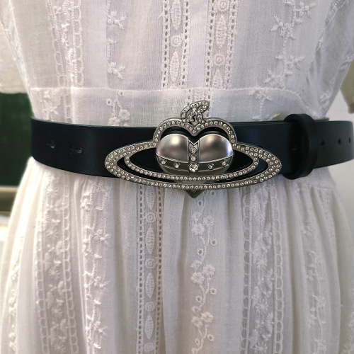 Love Saturn Cross Crown R Letter Rhinestone Inlaid Metal Snap Button PU Decorative Belt Fashionable Design Style