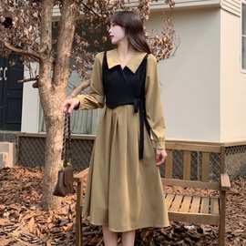 春季新款大码女装胖妹妹法式复古减龄显瘦赫本风长袖假两件连衣裙