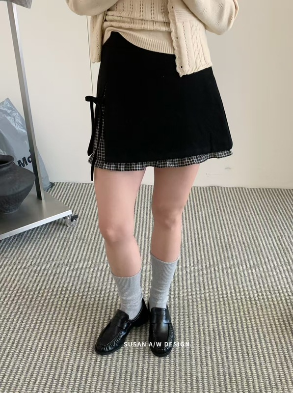 8.18 复古格纹木耳边拼接蝴蝶结半身裙女2025秋季新款短裙26755|undefined