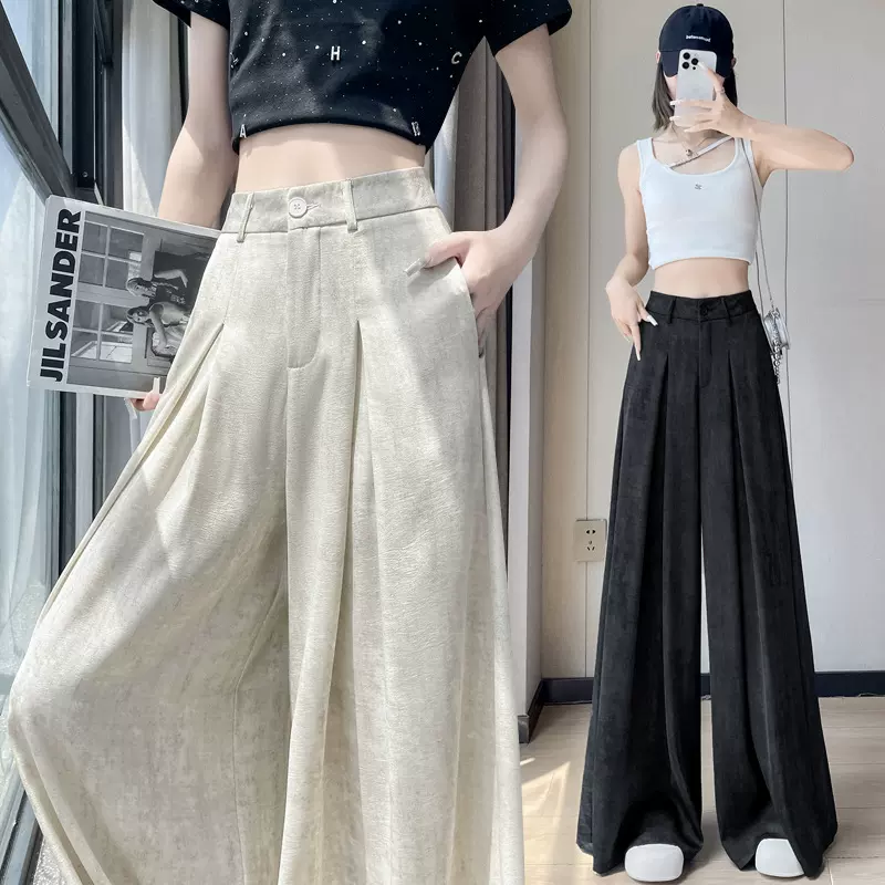 夏季冰丝醋酸缎面扎染阔腿裤女2025新款高腰西装裤休闲直筒拖地裤