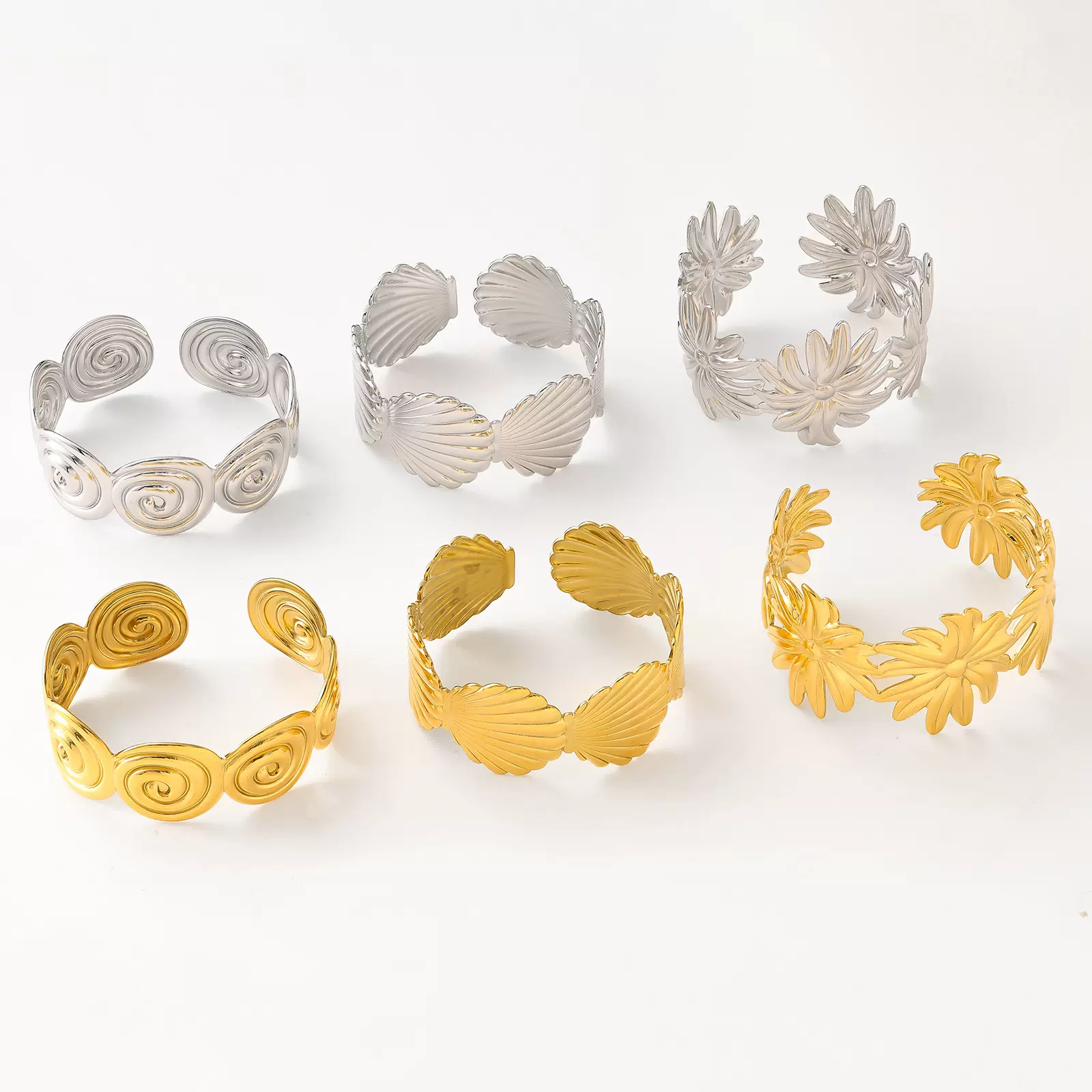 跨境不锈钢海贝海螺花朵手镯钛钢高级感C型可调节手环饰品批发