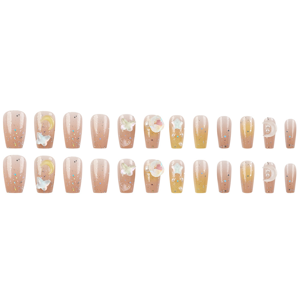 Color desnudo estrella y luna mariposa polvo brillante manicure amor perla puntos de diamante de sueño para usar uñas 24 piezas de parche de uñas falsas image 6