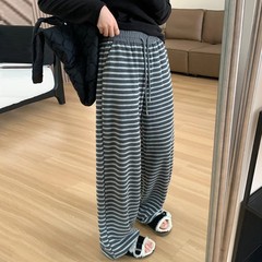 韩系慵懒休闲裤春秋复古条纹阔腿裤女2025秋季新款垂感抽绳拖地裤