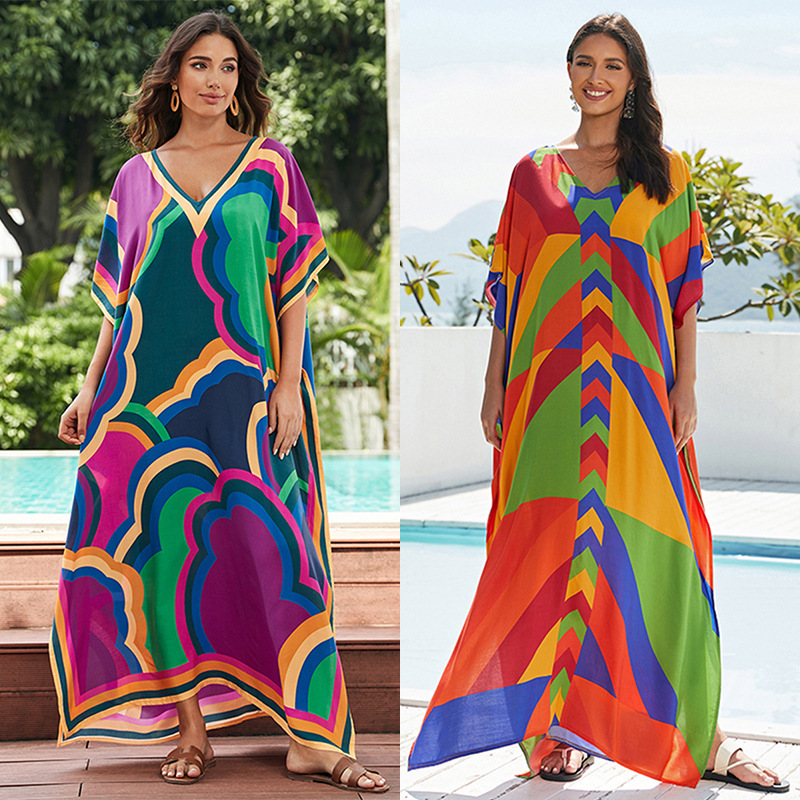 Cross-Border European and American Rayon Printed Loose Plus-Size Long Dress Vacation Beach Cover-Up Dress Women's Bikini Cover-Up