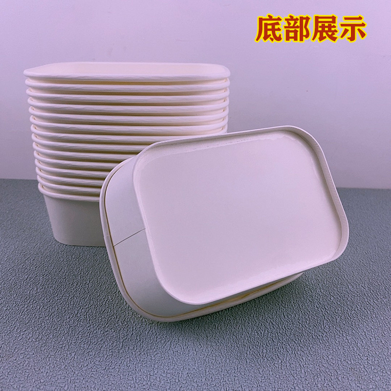 使い捨ての果物の包装箱の白いクラフト紙の四角形の果物は箱のサラダの碗の外で商売の果物を切って包装箱を切ります。|undefined