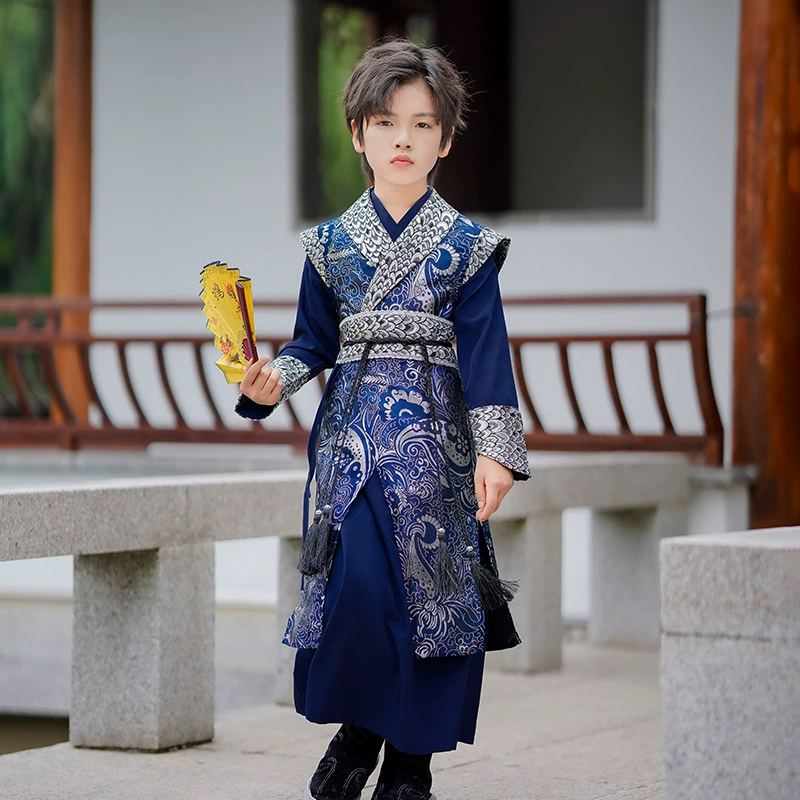 Детский Ханфу для мальчиков, новинка 2024 года, тонкий китайский стиль, древний стиль, традиционный осенний наряд для мальчиков на фестиваль середины осени, осенний наряд для изучения китайского языка.