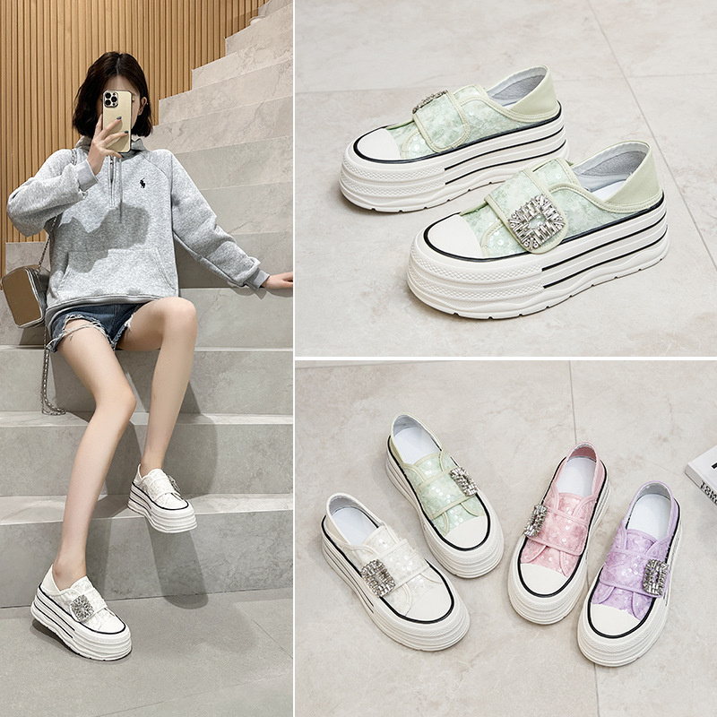 2025 Summer New Thick-soled Casual Velcro Board Shoes Student All-match Diamond Buckle Breathable Sequin Mesh Women's Shoes Not Bored Feet 2025 Summer New Thick-soled Casual Velcro Board Shoes Student All-match Diamond Buckle Breathable Sequin Mesh Women's Shoes Not Bored Feet