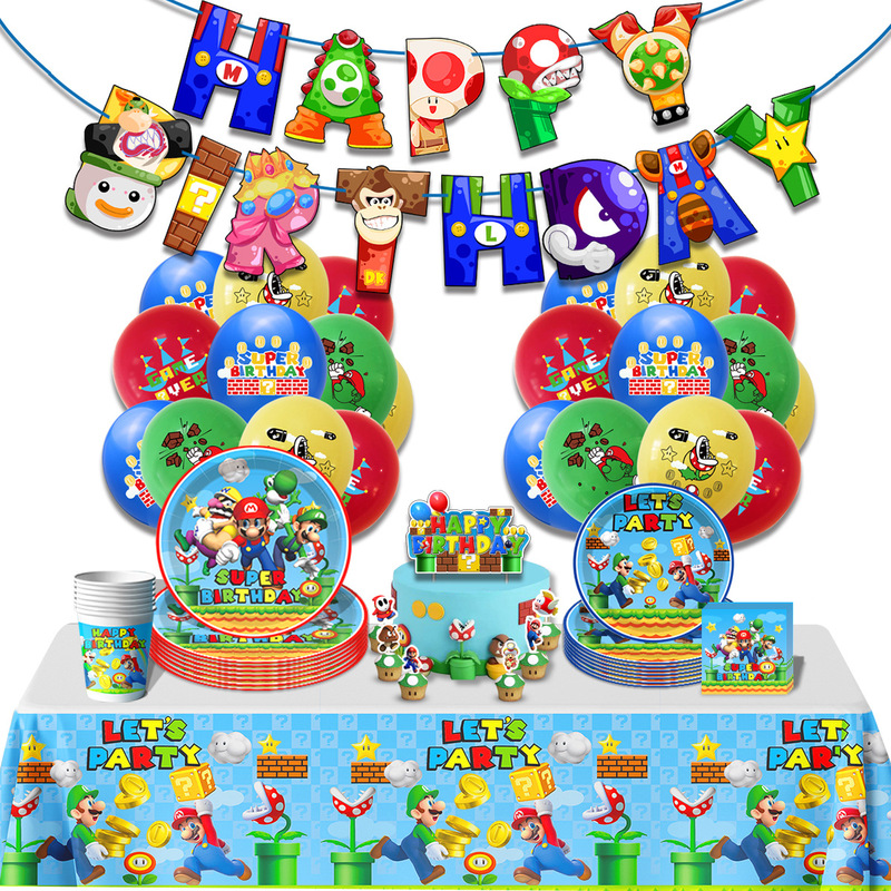 Mario Theme Birthday Party Tableware suit Paper Cup Paper Towel Flag Tablecloth Balloon Decoration Supplies Mario Theme Birthday Party Tableware suit Paper Cup Paper Towel Flag Tablecloth Balloon Decoration Supplies