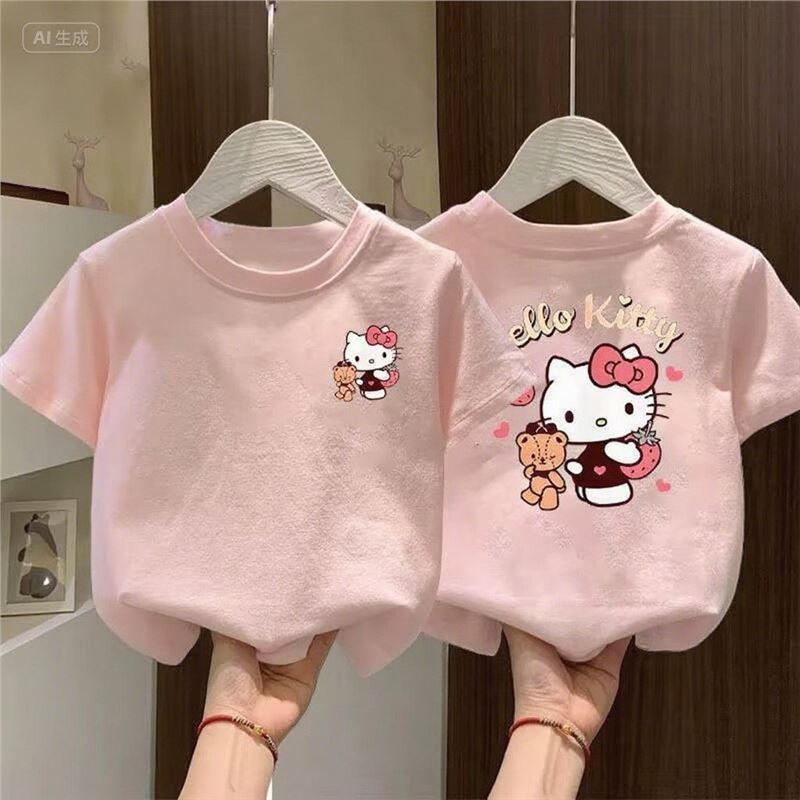 儿童T恤KT猫短袖女童夏季卡通印花中小童可爱韩版宽松圆领上衣潮|undefined