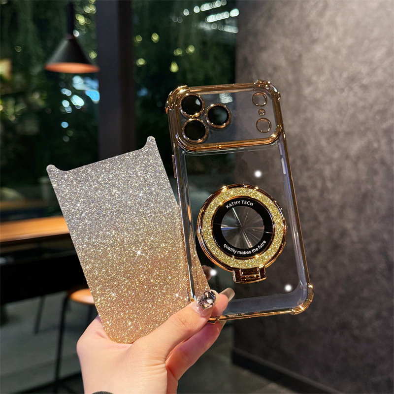 适用iPhone17手机壳四角防摔电镀磁吸支架苹果16渐变闪粉保护套15|undefined