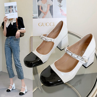 Spring and Summer 2025 New French Style Retro Chanel Style Color-matching Pearl Thick Heel Round Toe Mary Jane Shoes Women's High Heels