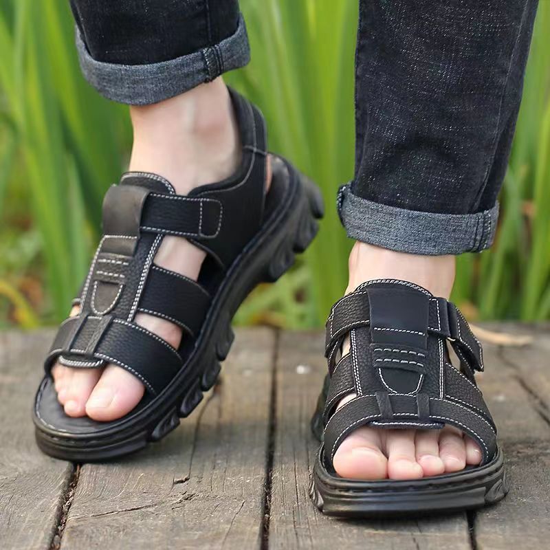 Sandalias de piel de vaca de gran tamaño para hombre verano casual transpirable velcro plataforma impermeable antideslizante zapatos de playa para papá de mediana edad y ancianos