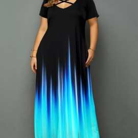 wish 亚马逊 欧美夏季渐变定位印花V领短袖大码口袋连衣裙长裙