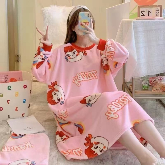 Pijama de lana de coral, pijama de lana de coral largo de invierno para mujeres, franela y lana gruesa, vestido grande, ropa para el hogar