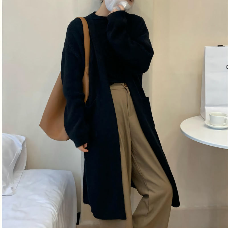 韩版中长款针织开衫女秋冬新款宽松慵懒风大口袋气质软糯毛衣外套|undefined