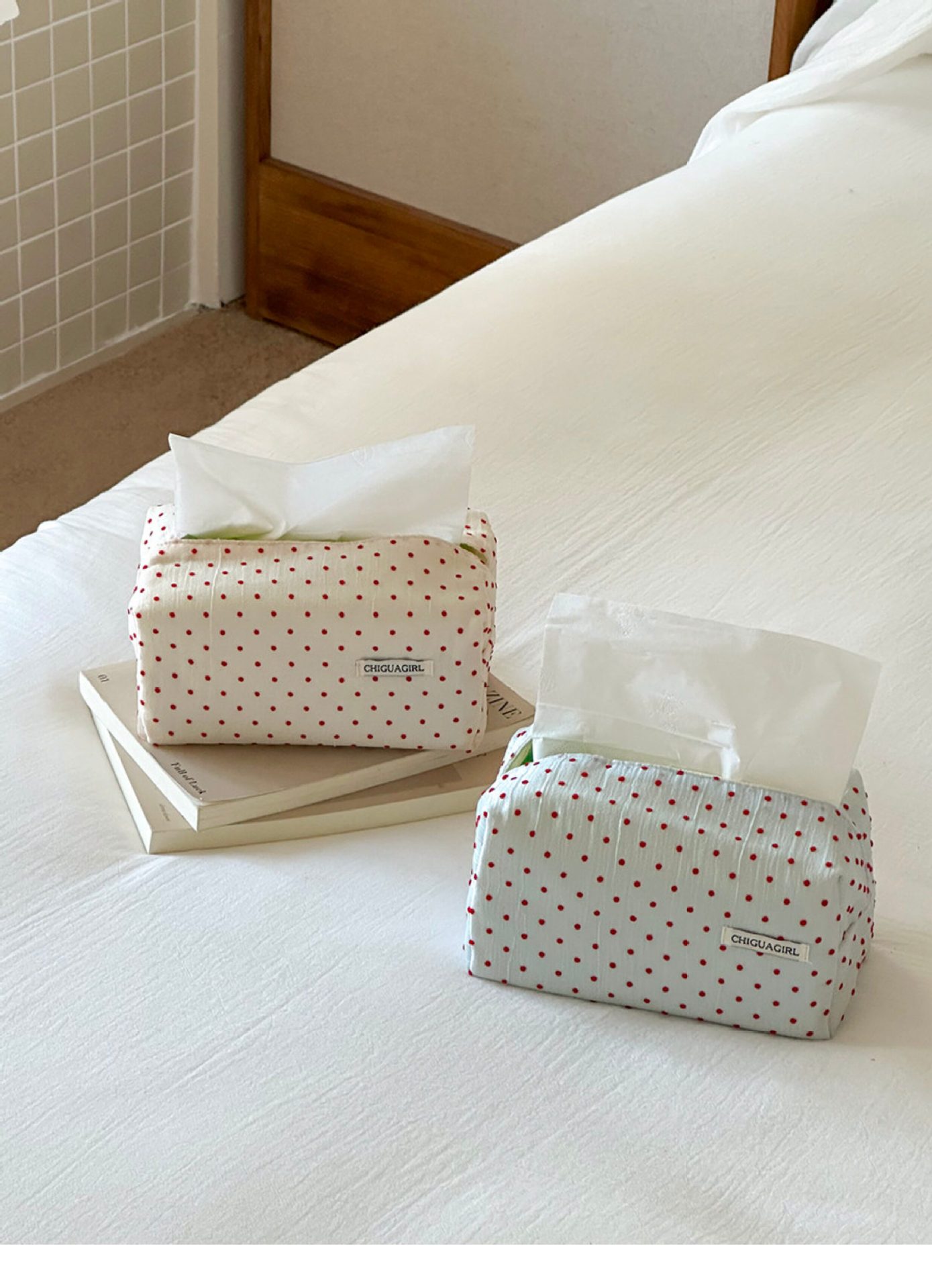 Nordic-style polka dot tissue box, fabric rectangular countertop home storage box, Korean-style ins tissue box decoration