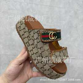跨境大码外贸热销G家印花刺绣潮流百塔厚底拖鞋女外穿松糕鞋印花