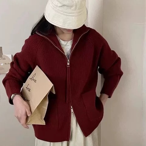 立领拉链长袖针织衫2025秋冬新款大码胖mm慵懒风宽松毛衣开衫外套|undefined