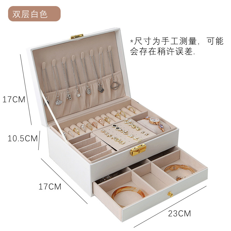Cajón de doble capa caja de joyería de cuero luz pendientes de lujo caja de almacenamiento de joyería pendientes con cerradura caja de joyería
